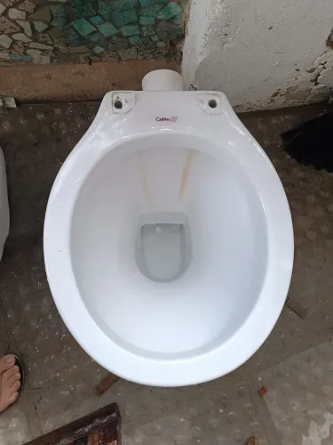 Vaso sanitário simples branco, funcionando perfeitamente.