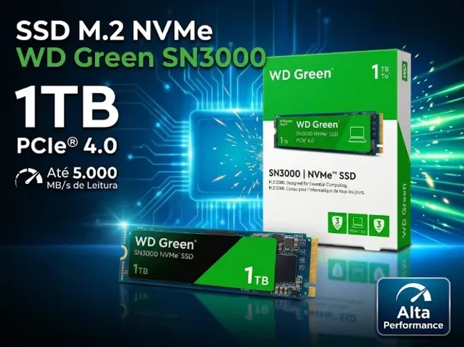 Ssd M.2 1tb Wd Green Sn3000 Pcie Gen 4 X4 Leitura 5000 Mb/s (CAIXA LACRADA)