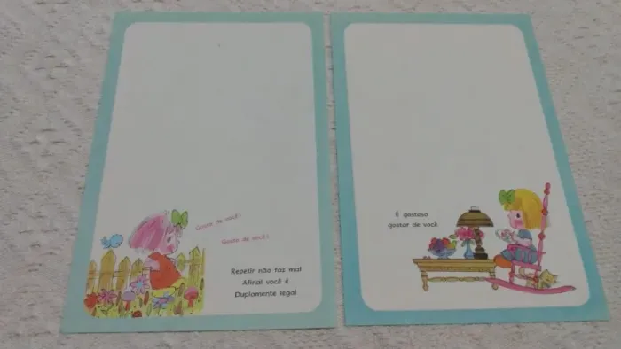 Lote de papel de carta antigo 2 folhas Coleção antiga borda azul com frases menininhas
