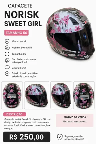 Capacete Norisk Sweet Girl - Tam. 56<br>R$ 250,00