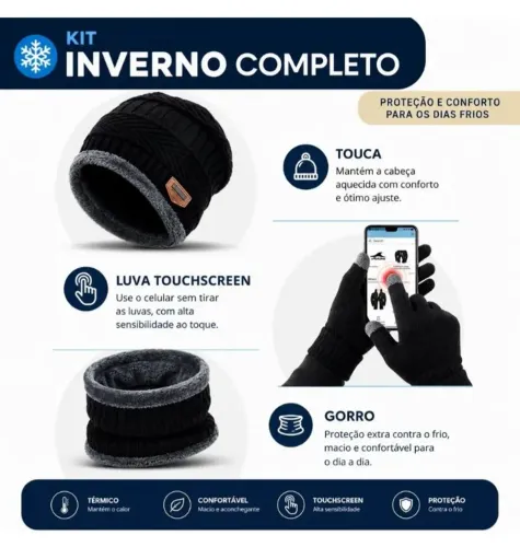 Kit Touca forrada lã+ protetor de pescoço+ luva touch
