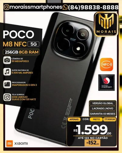 Xiaomi Poco M8 5G NFC - 256GB | 8GB RAM - Preto, Titanium, Verde