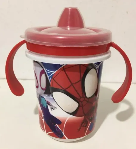 Copo Infantil de Transição do Homem Aranha Plasutil de 320ml com Tampa, Bico e Alça - NOVO