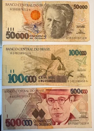 Notas antigas - 50, 100 e 500 mil cruzeiros 