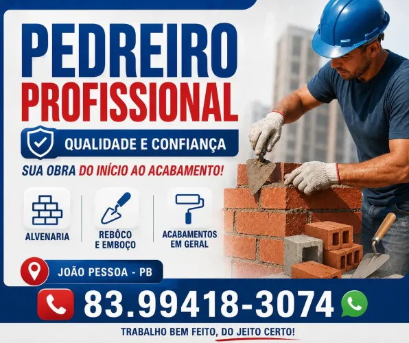 Pedreiro em  Varadouro JOÃO Pessoa- Reboco, Piso e Telhado com Garantia