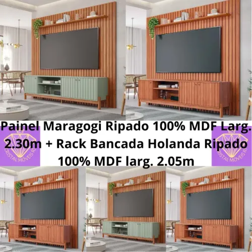 Painel Maragogi Ripado 100% MDF Larg. 2.30m Cinamomo + Rack Bancada Holanda Ripado 100% MD