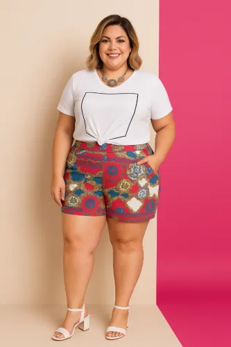 SHORT PLUS SIZE ESTAMPA LENÇO EM HELANCA