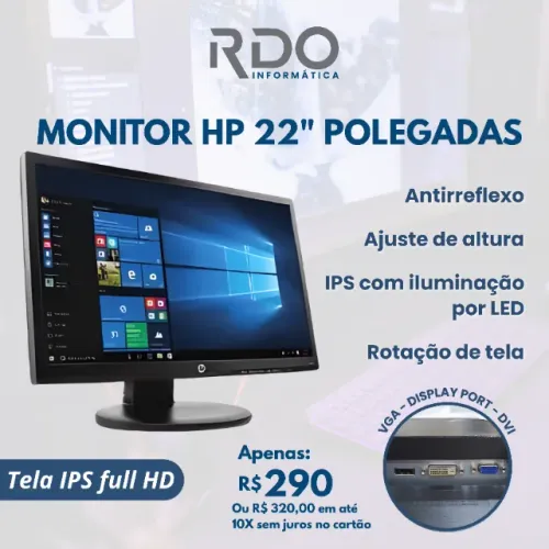 Monitor HP 22" IPS Full HD, Ajuste Altura/Pivot - Monitor usado em excelente estado!