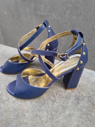 Sandália Calçado Sapato Feminino Salto Alto Quadrado Azul