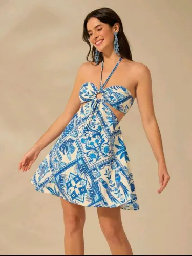 vestido farm cajuni estampado azul e branco