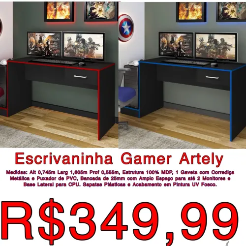 Mesa Gamer Artely 1 gaveta / 2 cores disponíveis / frete grátis / pague na entrega