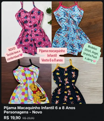 Pijama Macaquinho Infantil Personagens 6 a 8 Anos - Novo