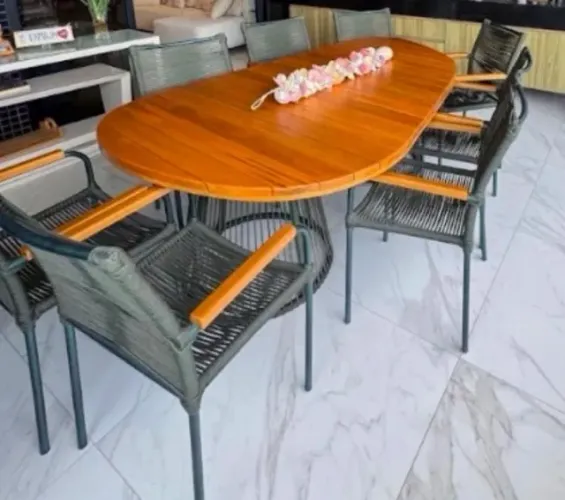 MESA DE MADEIRA ELEGANTE 8 LUGARES + 8 CADEIRAS EM CORDA NÁUTICA | SEMINOVA