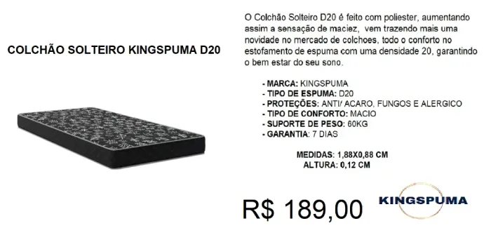 D20 Solteiro colchão 100% espuma 