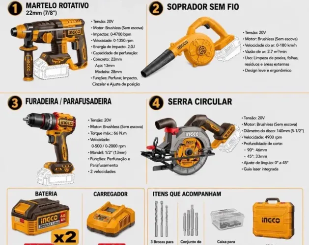 INGCO 20V Brushless 4pcs Cordless Power Tool Combo Kit