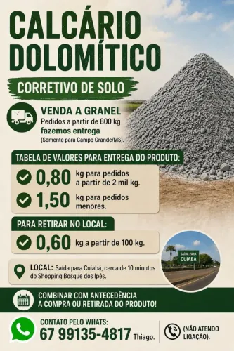 ENTREGA GRÁTIS!!! CALCÁRIO DOLOMÍTICO(CORRETIVO DE SOLO). LEIAM TODA A DESCRIÇÃO ABAIXO 