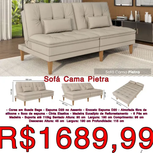 Sofá cama Pietra Suede 1.90m Bege / frete grátis / pague na entrega