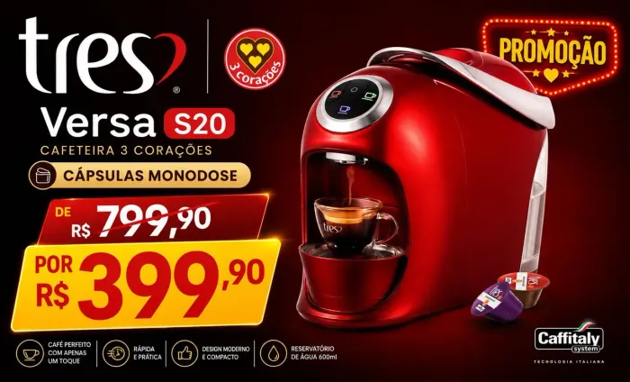 Cafeteira automática três corações versa vermelha