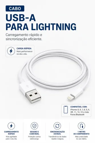 Cabo USB-A para Lightning 1 Metro para iPhone | Carregamento e Sincronização