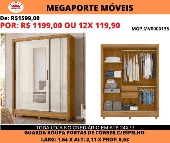 Guarda Roupa Solteiro 1,64 Portas de Correr C/Espelho
