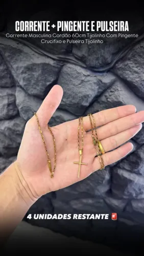 Corrente Cordão Tijolinho Com Pingente Crucifixo e Pulseira Tijolinho