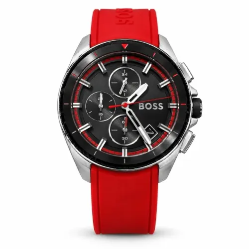 Relógio Masculino BOSS Volane 1513959 44mm, Pulseira De Silicone Vermelho - Novo