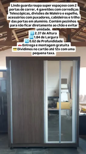 Entrega e montagem gratuita, lindo guarda roupa com 2 portas de correr,4 gavetões, espelho