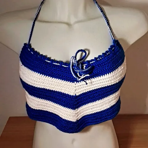 Croped em Crochê - azul e branco