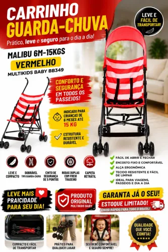 Carrinho Guarda-Chuva Malibu 6m-15kgs Vermelho Multikids Baby BB349