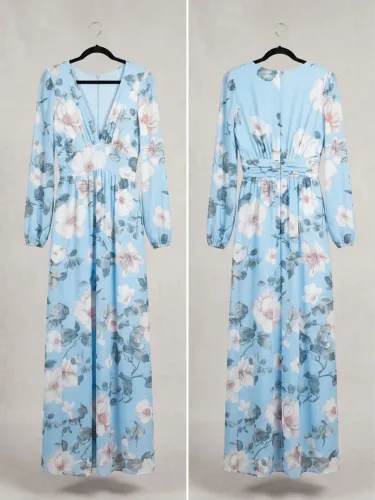 Vestido Longo em Tule Azul Florido 