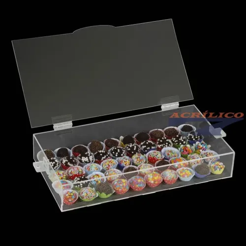Expositor caixa para 50 brigadeiros forma Nº4 com tampa e alça.<br>
