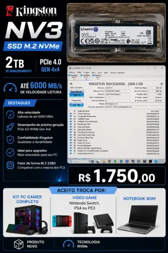 Kingston NV3 2TB M.2 2280 NVMe SSD | PCIe 4.0 Gen 4x4 | Até 6000 MB/s | SNV3S/2000G