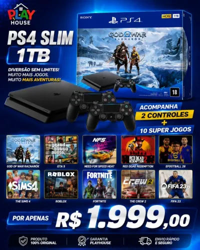 PS4 Slim 1TB + 2 Controles + 10 Jogos | God of War Ragnarok | GTA 5 | FIFA 23
