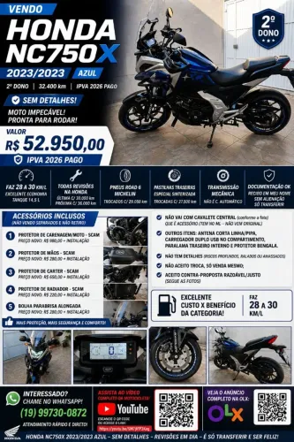 HONDA NC750X - 23/23 AZUL S/ DETALHES (C/ ACESSÓRIOS) - IPVA 26 PAGO - 2º DONO