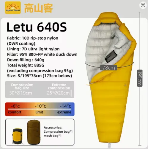 Saco de Dormir -6C Ultraleve Alpine Guest Letu 640S Mummy Nylon 10D 800+FP
