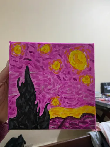 Quadro pintado a mão- noite estrelada em tons rosa 15x15