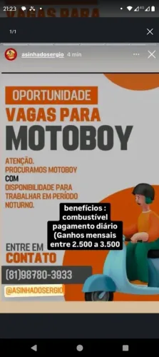 VAGA PARA MOTOBOY (INÍCIO IMEDIATO)