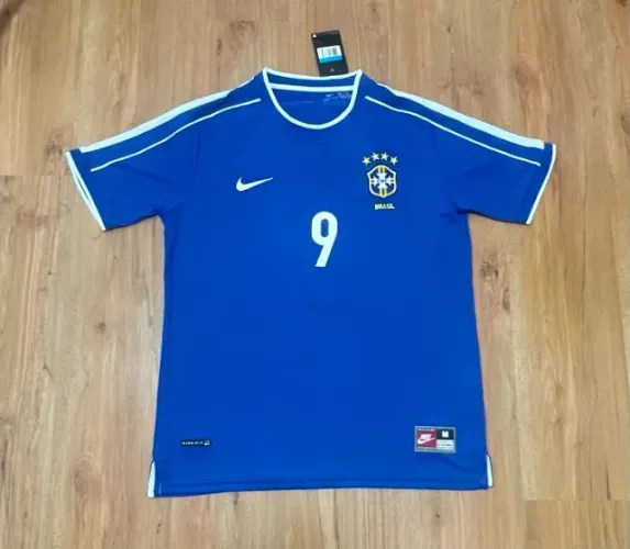 Camisa Brasil Retrô 1998 Ronaldo Fenômeno #9 Azul - G, GG e GG1
