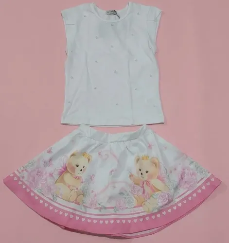 Conj. Infanti Blusa Branca com pérola e saia ursa com shorts Tam.10 