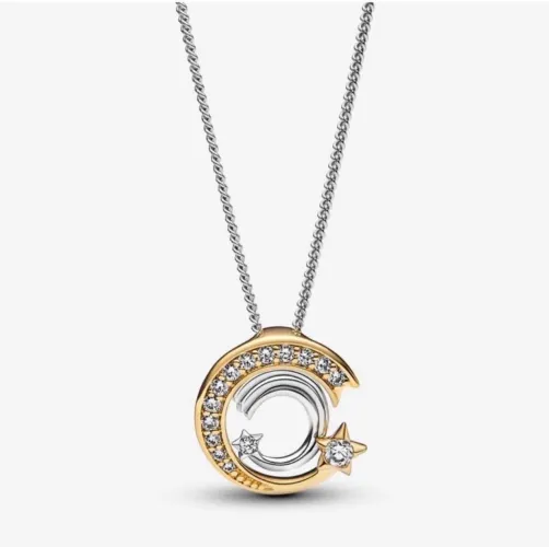 ? Pandora Original Ouro 14K e Prata | Colar Lua & Estrela com Zircônias | Novo na Caixa
