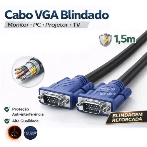 Cabo Vga/Vga Macho Monitor Projetor Lcd Pc Tv Notebook DVR 1.5M com filtro
