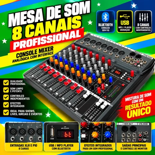 Mesa De Som 8 Canais Profissional Console Mixer Interface
