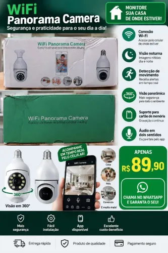 Câmera Lâmpada Wi-Fi 360° Panorâmica Visão Noturna Segurança Pelo Celular