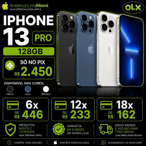 IPHONE 13 PRO 128GB PROMOÇÃO SÓ NO PIX, LOJA NO RIOMAR, FAZEMOS ENTREGA A COMBINAR.