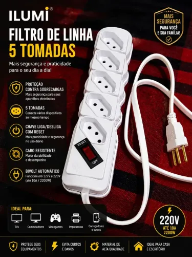 Filtro de Linha ILUMI 5 Tomadas 220V com Chave Reset - Semi Novo