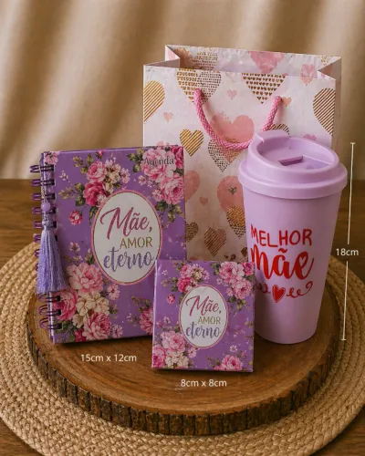 Kit Presente Dia das Mães - 2 Agendas Florais, 1 Copo + Sacola Decorada (Pronta Entrega)