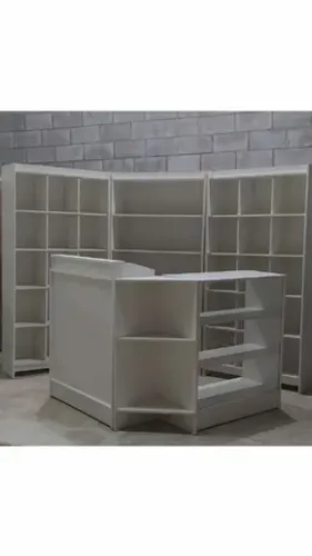 BALCÃO CAIXA + VITRINE EM L + PRATELEIRA E 2 COLMÉIAS MDF