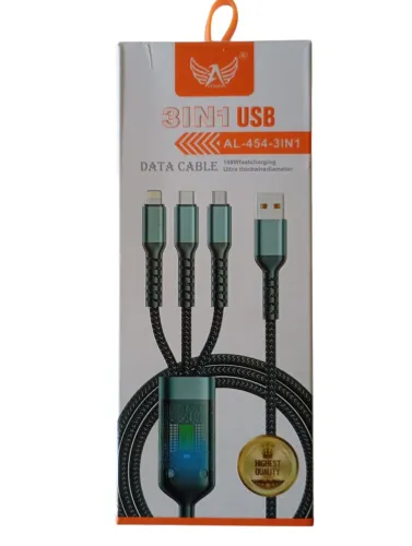 Cabo USB 3 em 1 - 100W Tipo C, Micro e Lightning Reforçado