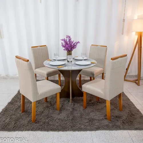 Mesa de Jantar Siena Redonda 100cm Vidro Off/Base Cinamomo + 4 Cadeiras