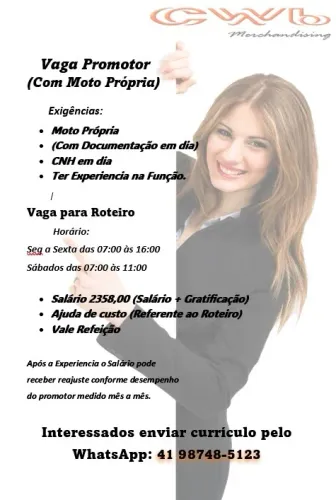 Promotor de Vendas - Roteirista (Com moto própria)